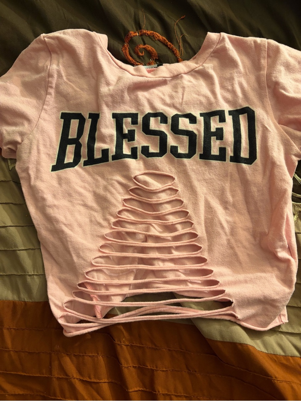 Fashion Nova Pink 'Blessed' Distressed Crop Top